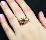 Серебряное кольцо с разноцветными турмалинами и желтыми сапфирами бриллиантовой огранки