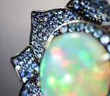 Серебряное кольцо с кристаллическим эфиопским опалом 9,12 карата и синими сапфирами бриллиантовой огранки