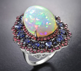 Серебряное кольцо с кристаллическим эфиопским опалом 11,44 карата, синими и падпараджа сапфирами бриллиантовой огранки