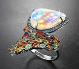 Серебряное кольцо с кристаллическим эфиопским опалом 6,94 карата и разноцветными сапфирами