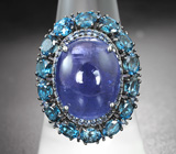 Серебряное кольцо с танзанитом 11,52 карата, насыщенно-синими топазами и синими сапфирами бриллиантовой огранки