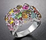 Праздничное серебряное кольцо с разноцветными турмалинами, танзанитами и сапфирами бриллиантовой огранки