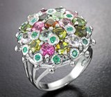Замечательное серебряное кольцо с разноцветными турмалинами и изумрудами