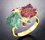 Золотое кольцо с яркими резными турмалинами 5,49 карата, оранжевыми шпинелями, зелеными сапфирами и бриллиантами