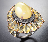 Серебряное кольцо с медовым опалом 5,39 карата и цитринами