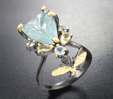 Серебряное кольцо с резным аквамарином, голубыми топазами и цитринами Серебро 925