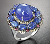 Серебряное кольцо с танзанитом 9,51 карата, кианитами и сапфирами бриллиантовой огранки Серебро 925