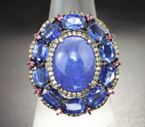 Серебряное кольцо с танзанитом 9,51 карата, кианитами и сапфирами бриллиантовой огранки Серебро 925