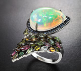 Серебряное кольцо с кристаллическим эфиопским опалом 9,29 карата, разноцветными турмалинами и синими сапфирами бриллиантовой огранки Серебро 925