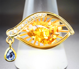 Коктейльное золотое кольцо с гелиодором авторской огранки 4,16 карата, синим сапфиром и бриллиантами Золото
