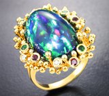 Массивное золотое кольцо с крупным высоким черным опалом 13,03 карата, красными сапфирами, цаворитами гранатами и бриллиантами