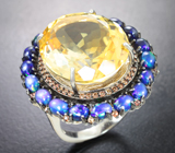 Серебряное кольцо с чистейшим цитрином 16,7 карата, кристаллическими черными опалами и желтыми сапфирами бриллиантовой огранки