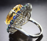 Серебряное кольцо с чистейшим цитрином 16,7 карата, кристаллическими черными опалами и желтыми сапфирами бриллиантовой огранки