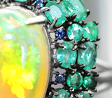 Серебряное кольцо с кристаллическим эфиопским опалом 10,93 карата, изумрудами и синими сапфирами бриллиантовой огранки