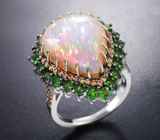 Серебряное кольцо с кристаллическим эфиопским опалом 11,69 карата, диопсидами и разноцветными сапфирами бриллиантовой огранки Серебро 925