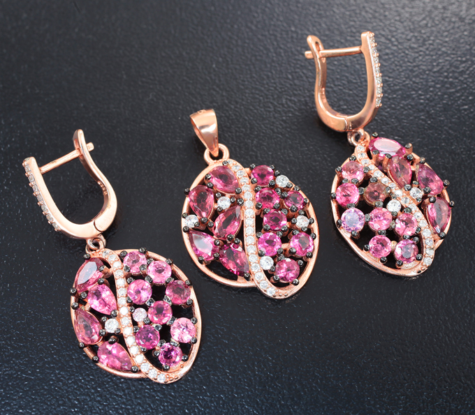 Великолепный серебряный комплект с рубеллитами и розовыми турмалинами