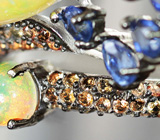 Серебряное кольцо с кристаллическими эфиопскими опалами 5,78 карата, кианитами, оранжевыми и желтыми сапфирами бриллиантовой огранки