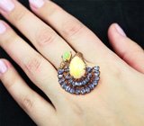 Серебряное кольцо с кристаллическими эфиопскими опалами 5,78 карата, кианитами, оранжевыми и желтыми сапфирами бриллиантовой огранки Серебро 925