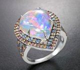 Серебряное кольцо с кристаллическим эфиопским опалом 8,95 карата и разноцветными сапфирами бриллиантовой огранки