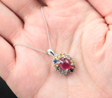 Праздничный серебряный кулон с рубином и разноцветными сапфирами + цепочка Серебро 925