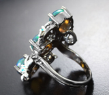 Серебряное кольцо с кристаллическими черными опалами и «неоновыми» апатитами Серебро 925