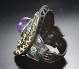 Серебряное кольцо со сливовым аметистом и «неоновыми» апатитами