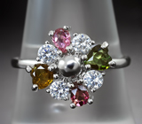 Вращающееся серебряное кольцо из коллекции «Drops» c разноцветными турмалинами