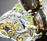 Серебряное кольцо с дымчатым кварцем 10,06 карата и перидотами