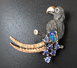 Серебряная брошь с кристаллическим эфиопским опалом, синим сапфиром и танзанитами Серебро 925