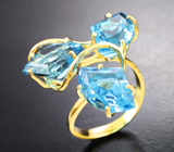 Золотое кольцо с чистейшими голубыми топазами авторской огранки 13,46 карата