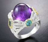 Серебряное кольцо с аметистом 11,74 карата, голубыми апатитами и топазами