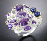 Серебряное кольцо с аметистами и цветным жемчугом