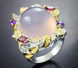 Серебряное кольцо с розовым кварцем, родолитами гранатами и аметистами