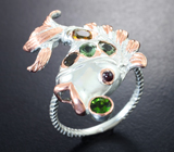 Серебряное кольцо с разноцветными турмалинами, диопсидом и родолитом Серебро 925