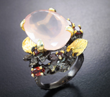 Серебряное кольцо с розовым кварцем 15,14 карата и альмандинами гранатами Серебро 925
