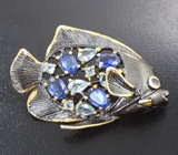 Серебряная брошь с кианитами, голубыми топазами и танзанитом Серебро 925
