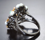 Серебряное кольцо с кристаллическим эфиопским опалом, цитринами и жемчугом
