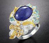Серебряное кольцо с насыщенным танзанитом 16,43 карата, голубыми топазами и цитринами