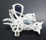 Серебряная брошь с кристаллическим черным опалом 8,07 карата, голубыми топазами, перидотами, танзанитами и цаворитами Серебро 925