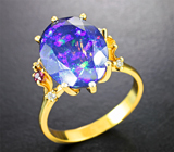 Золотое кольцо с ограненным насыщенно-синим опалом 3,8 карата, сапфирами и бриллиантами