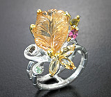 Серебряное кольцо с резным и ограненными цитринами, дымчатым кварцем, розовым и неоново-зеленым турмалином Серебро 925