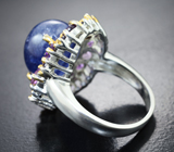 Серебряное кольцо с синим сапфиром 11,14 карата и аметистами Серебро 925