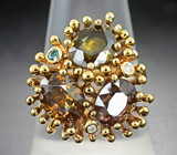 Золотое кольцо с крупными гранатами со сменой цвета 6,8 карата и бриллиантами