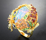 Эксклюзив! Массивное золотое кольцо с потрясающим крупным опалом 14,9 карата, родолитом и цаворитами, разноцветными сапфирами и бриллиантами