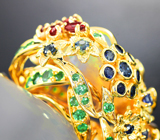 Эксклюзив! Массивное золотое кольцо с потрясающим крупным опалом 14,9 карата, родолитом и цаворитами, разноцветными сапфирами и бриллиантами