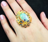 Эксклюзив! Массивное золотое кольцо с потрясающим крупным опалом 14,9 карата, родолитом и цаворитами, разноцветными сапфирами и бриллиантами Золото