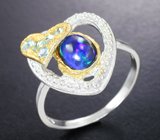 Серебряное кольцо с кристаллическим черным опалом и голубыми топазами Серебро 925