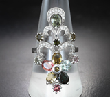 Великолепное серебряное кольцо с разноцветными турмалинами Серебро 925