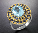 Серебряное кольцо с аквамарином 3,03 карата и синими сапфирами Серебро 925