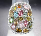 Роскошное серебряное кольцо с разноцветными турмалинами